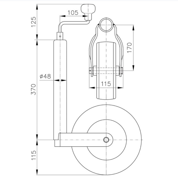 Winterhoff Stützrad Vollgummi Rohr Ø 48 mm Stützlast 150kg 225 x 70 mm Serie ST